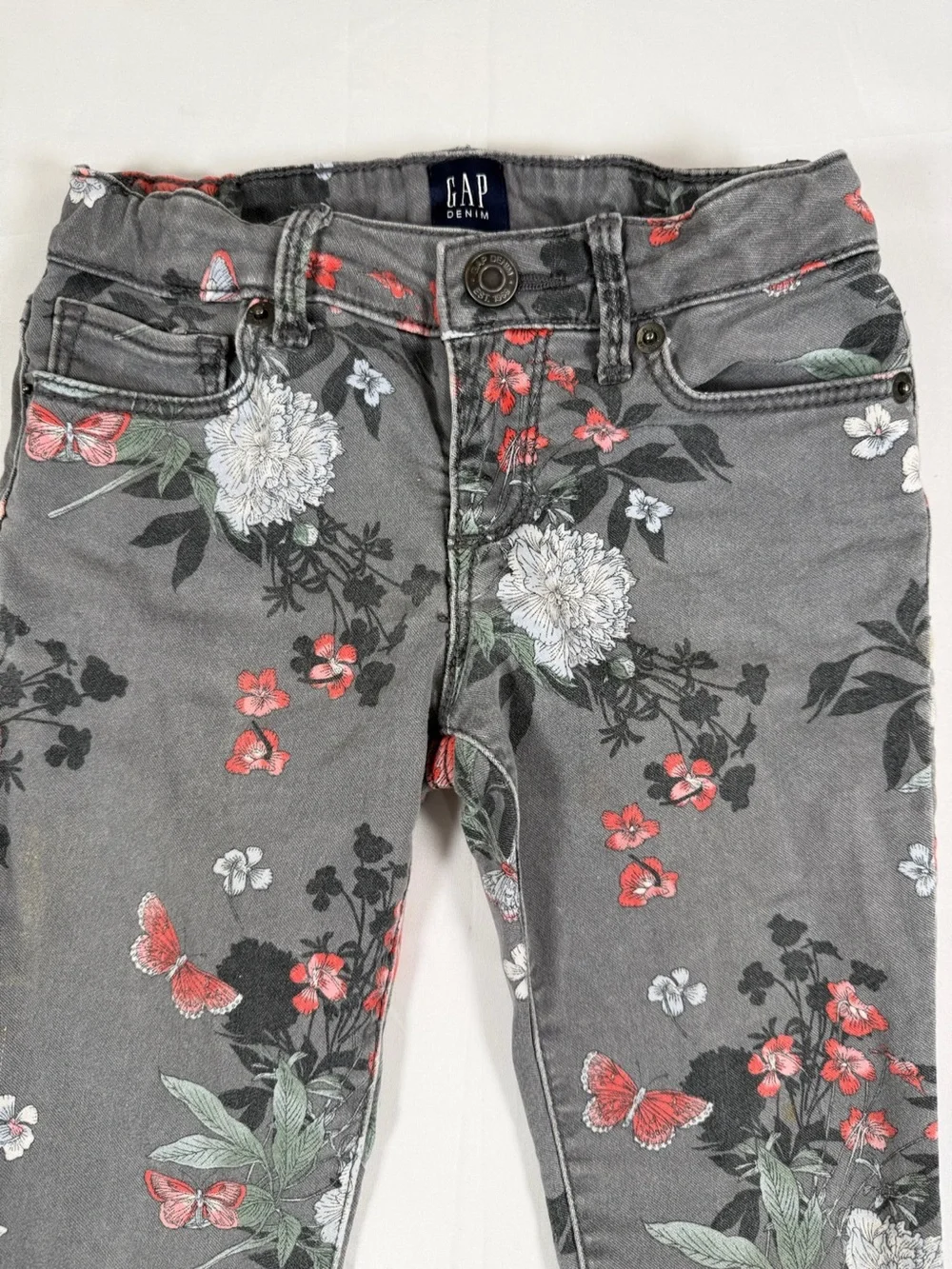 GAP Denim Girls Floral Butterfly Super Skinny Stretch Jeans Print Size 6 Regular